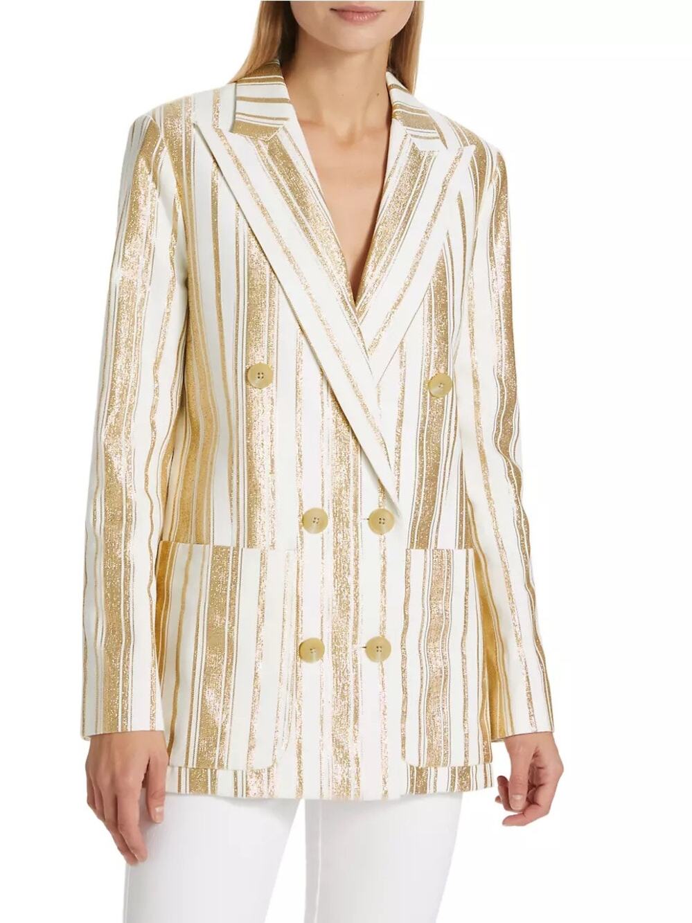 7 For All Mankind Women’s Shine Gold Cream Striped Double Breasted Blazer L